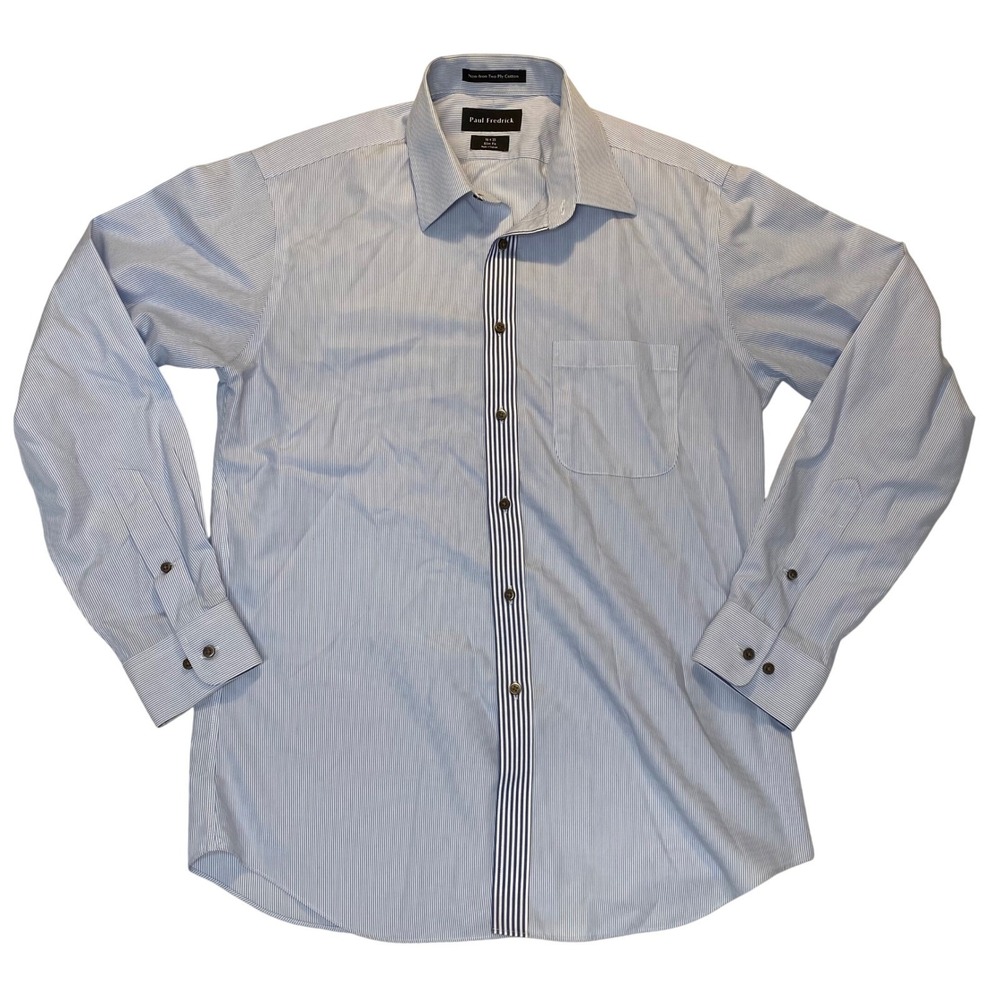 Paul Fredrick Men Dress Shirt 16 x 35 Slim Fit Blue White Stripe Non-Iron Cotton